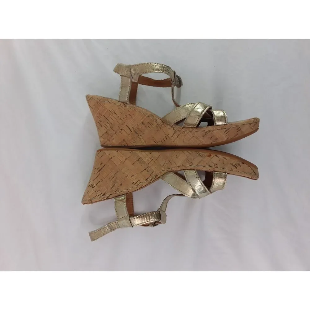 Born Women's 8 Metallic Gold Leather T-Strap Cork Wedge Sandals